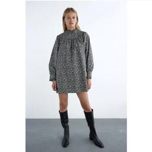 ZARA Printed Poplin Dress Long Sleeve Mini Mock Neck Womens Small Tunic TikTok